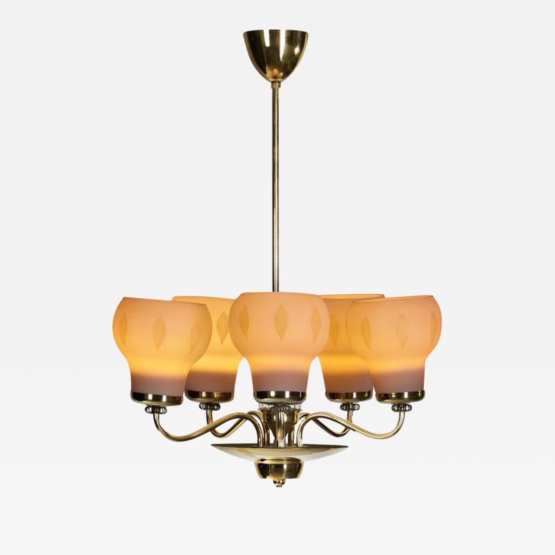 Finnish Brass and Opal Glass Chandelier by Saariston Valaisin Finland ca 1950s