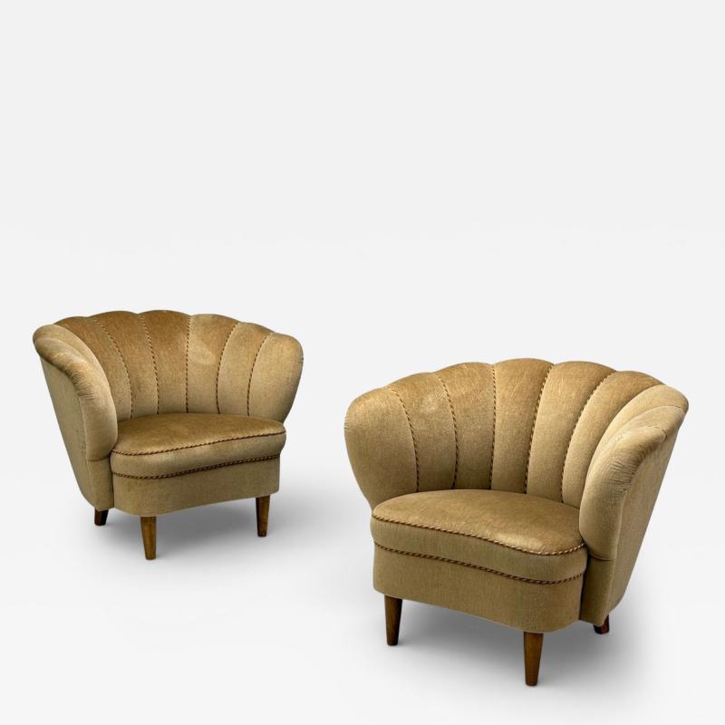 Finnish Modern Lounge Chairs Beige Velvet Wood Finland 1950s