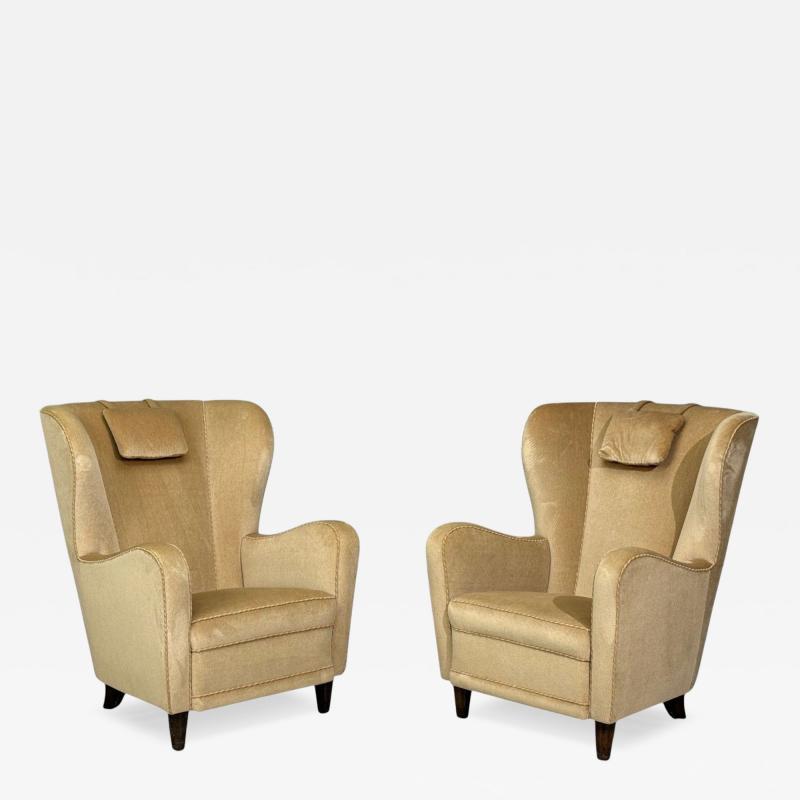 Finnish Modern Wingback Chairs Beige Velvet Wood Finland 1950s