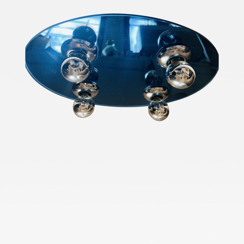 Fischer Leuchten German Space Age 1970s Blue Mirror Flush Ceiling Lamp