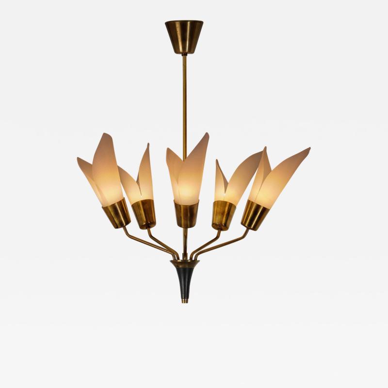 Five Armed Brass Chandelier with Floral Details Europe 1950s
