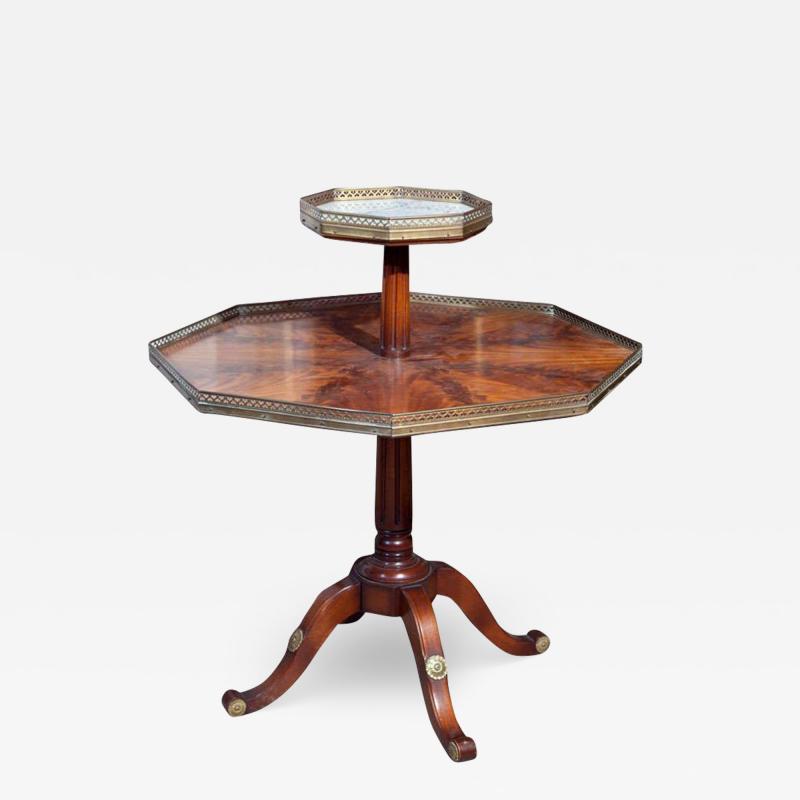 Flame Mahogany Octagonal Two Tier Table White Marble Top Pedestal Base Jansen