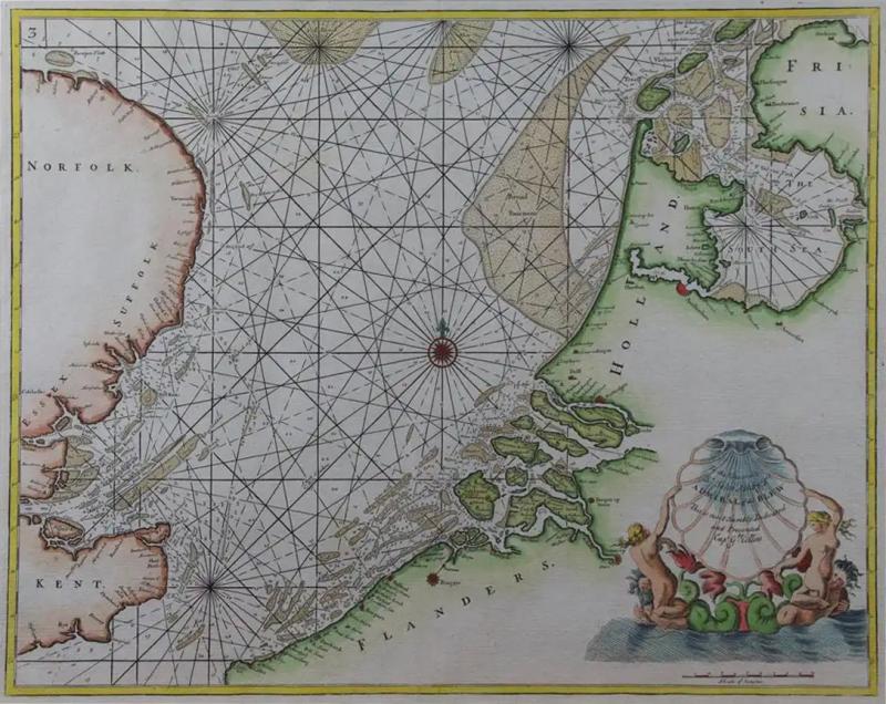 Flanders Holland Norfolk Hand Colored 17th Century Sea Chart by Collins