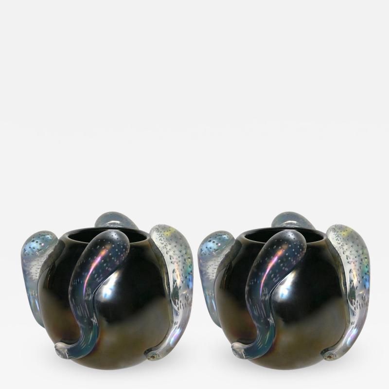 Flavio Costantini Costantini Italian Pair of Sculpture Iridescent Black Murano Glass Round Vases