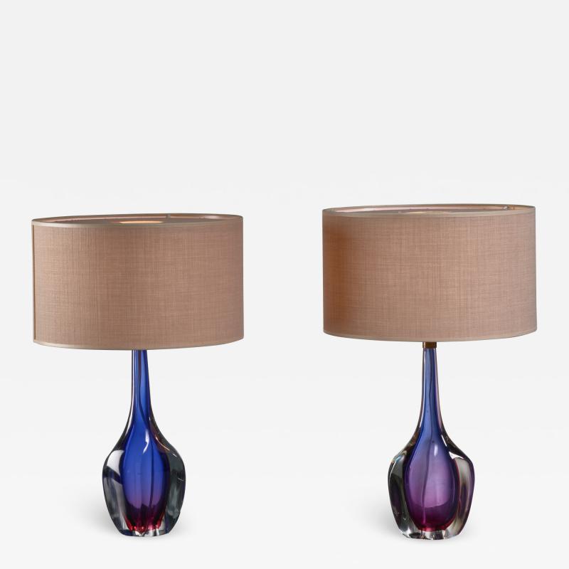 Flavio Poli Pair of purple and blue Arte Nuova Murano glass table lamps