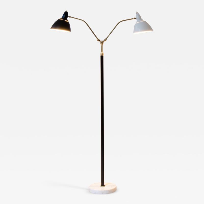 Floor lamp with marble base brass stem and double diffuser in painted metal