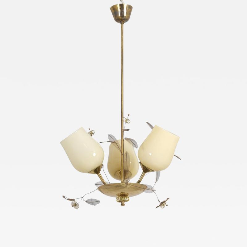Floral Ceiling Lamp in Style of Paavo Tynell Brass and Glass Finland 1950s