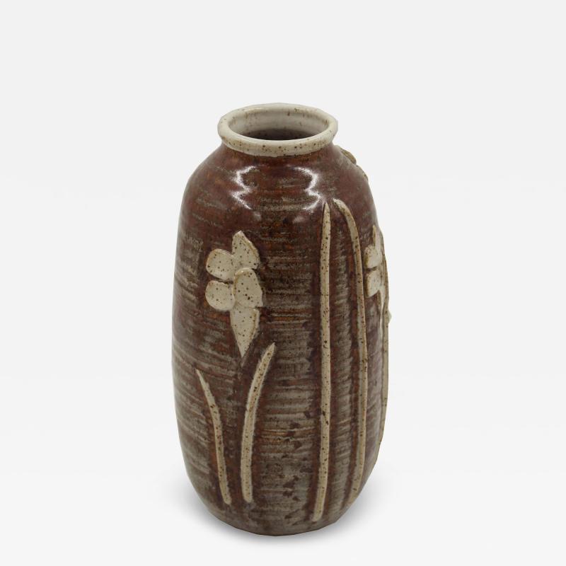 Floral Patterned Brown Earthenware Vase