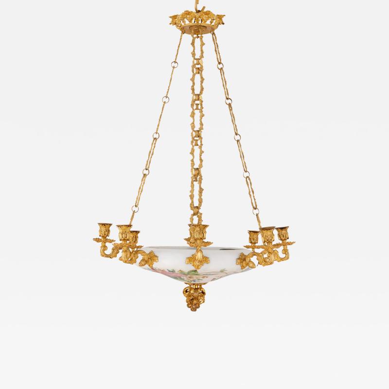 Floral opaline glass and gilt bronze chandelier