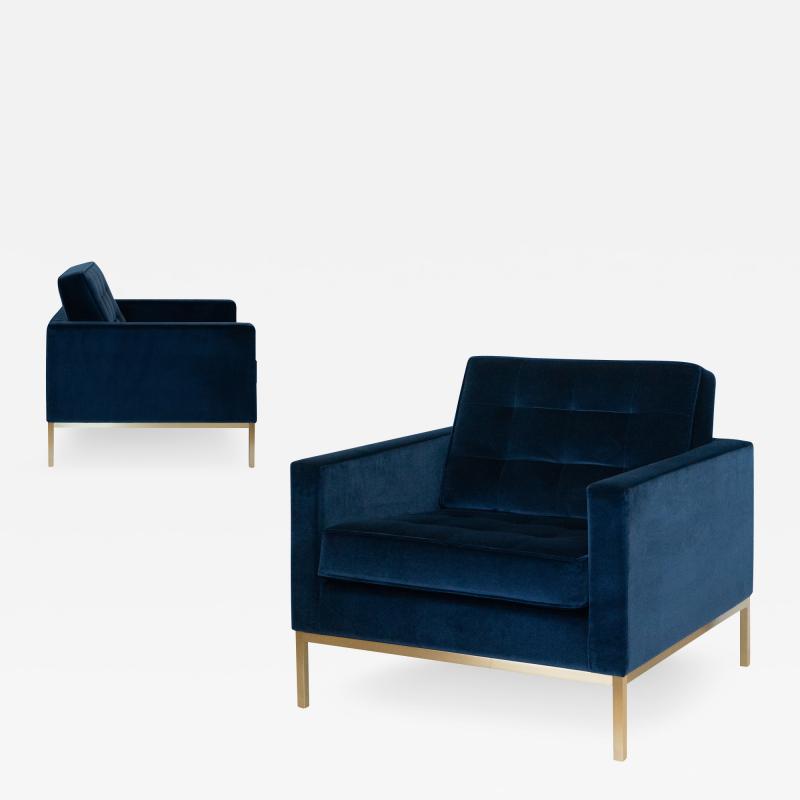Florence Knoll Florence Knoll Lounge Chairs in Navy Velvet Brushed Brass Pair