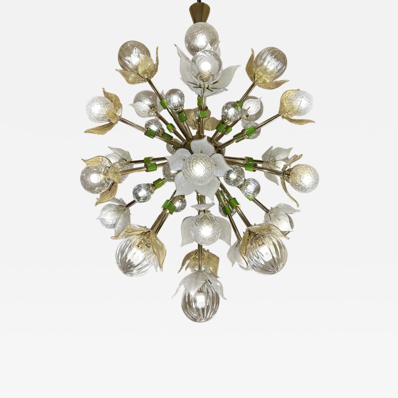Flower Power Brass Sputnik Chandelier w Murano Art Glass Boules and Petals