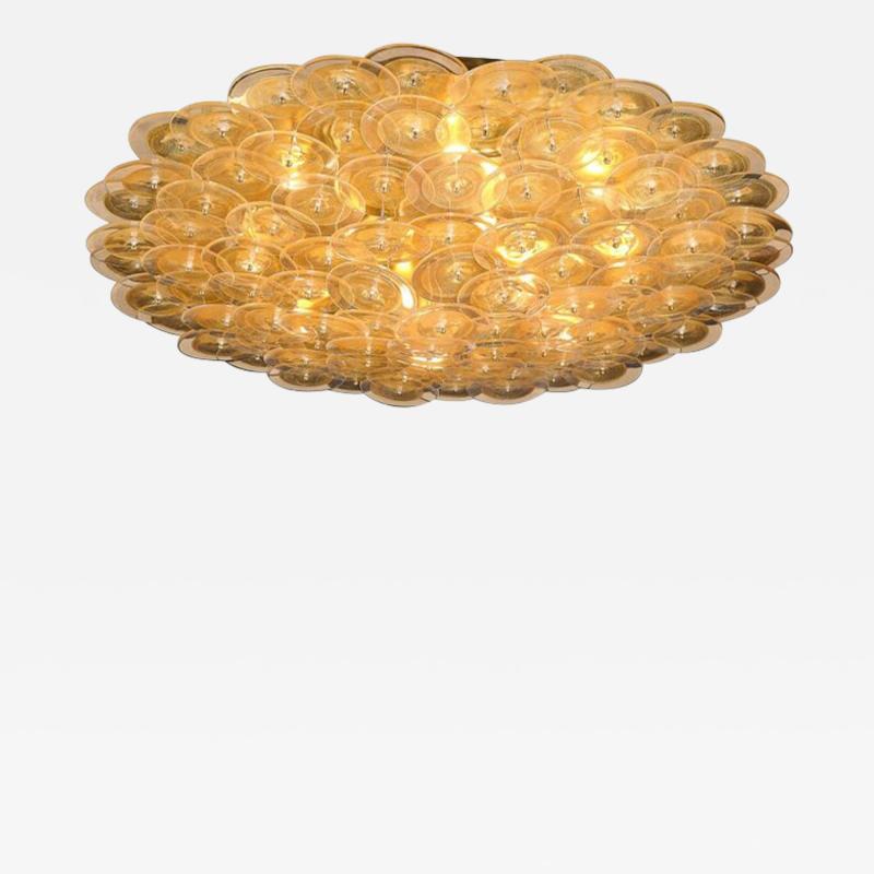 Flush Mount Murano Disc Chandelier in Gold and Clear Glass and Brushed Brass