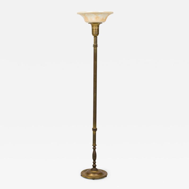 Fluted Brass Floor Lamp with White Foliate Patterned Pressed Glass Shade