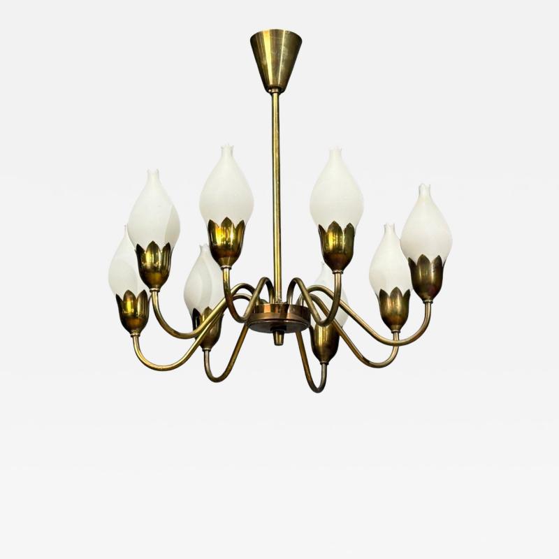 Fog M rup Tulip Chandelier Opal Glass Brass Denmark 1950s