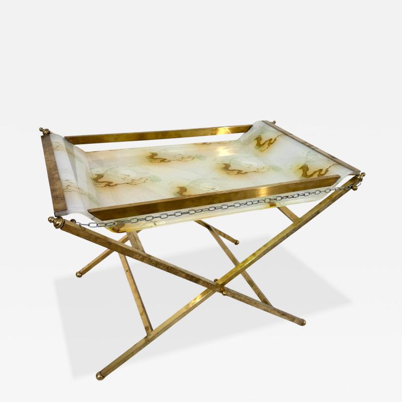 Folding Tray Table in Brass with Painted Glass Top 1970s Italy