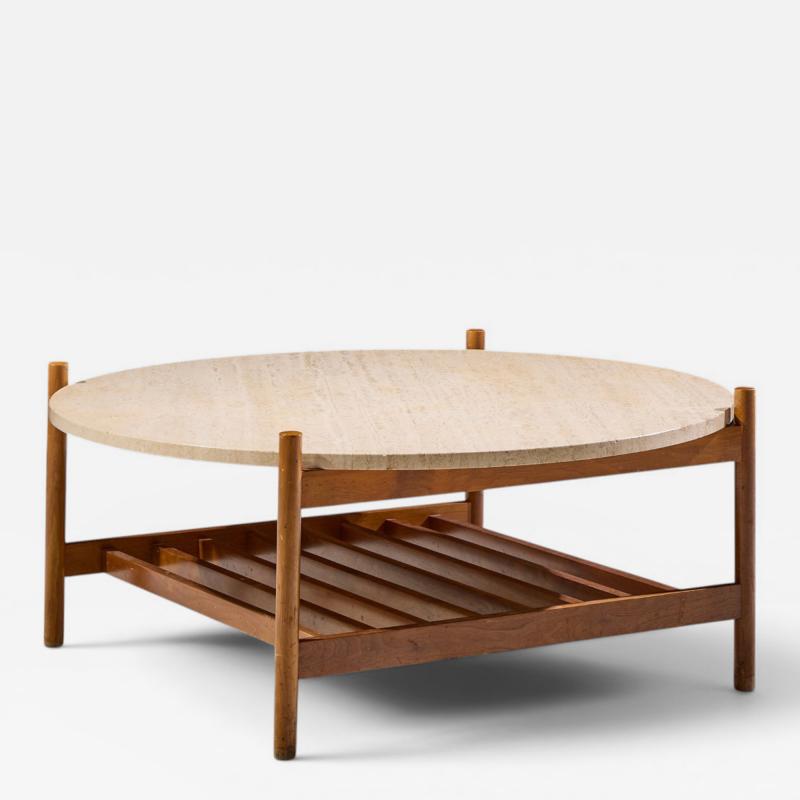 Folke Ohlsson Folke Ohlsson for Dux Style Mid Century Teak and Travertine Top Coffee Table