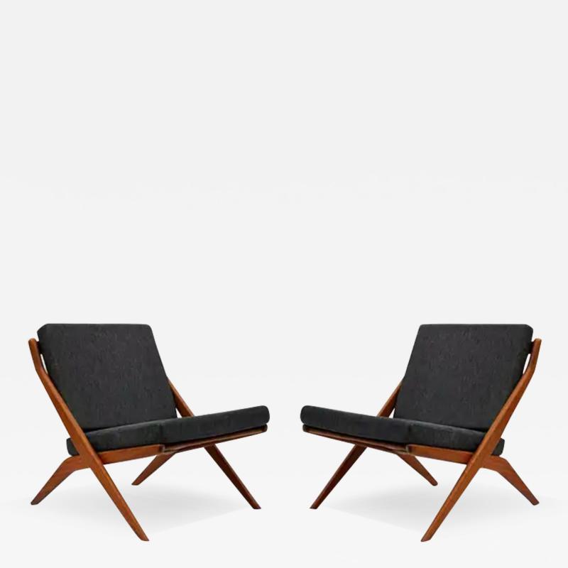 Folke Ohlsson Pair of Mid Century Danish Modern Teak Scissor Lounge by Folke Ohlsson for Dux