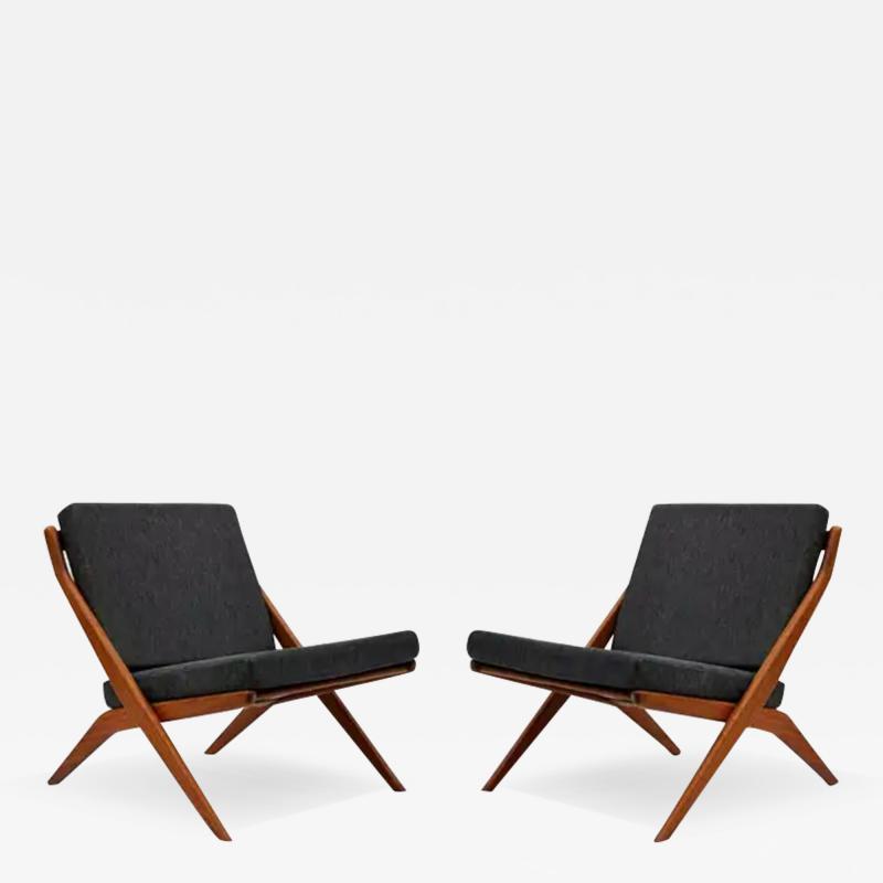 Folke Ohlsson Pair of Mid Century Danish Modern Teak Scissor Lounge by Folke Ohlsson for Dux