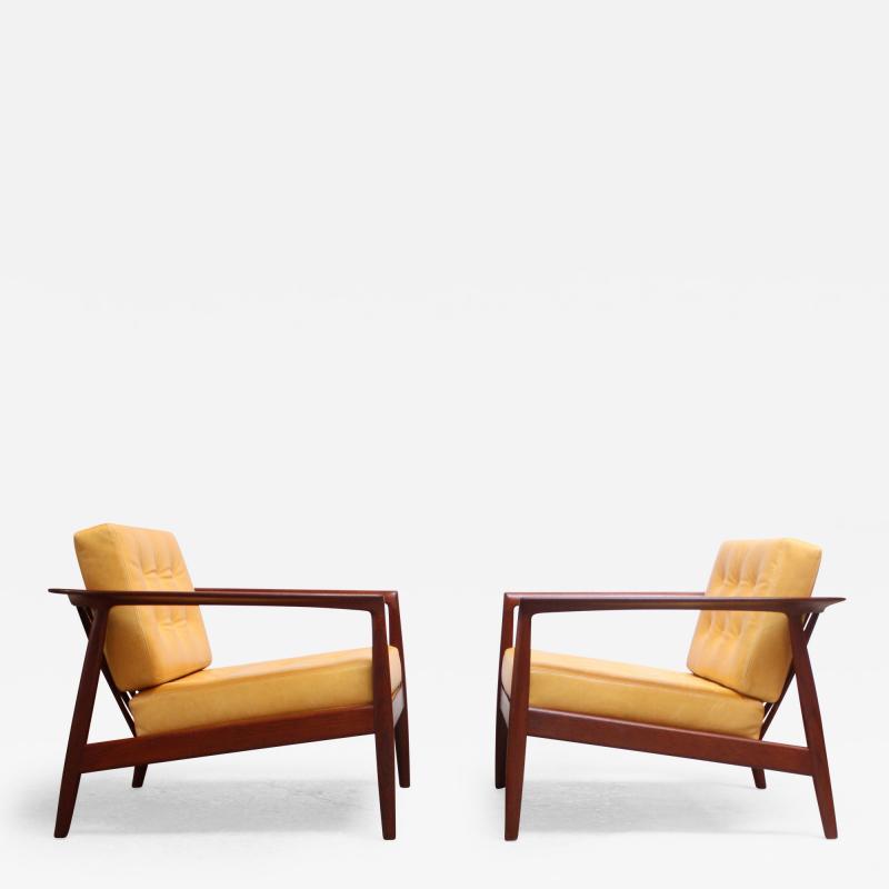 Folke Olhsson Swedish Modern Leather and Teak Lounge Chairs by Folke Ohlsson for Dux