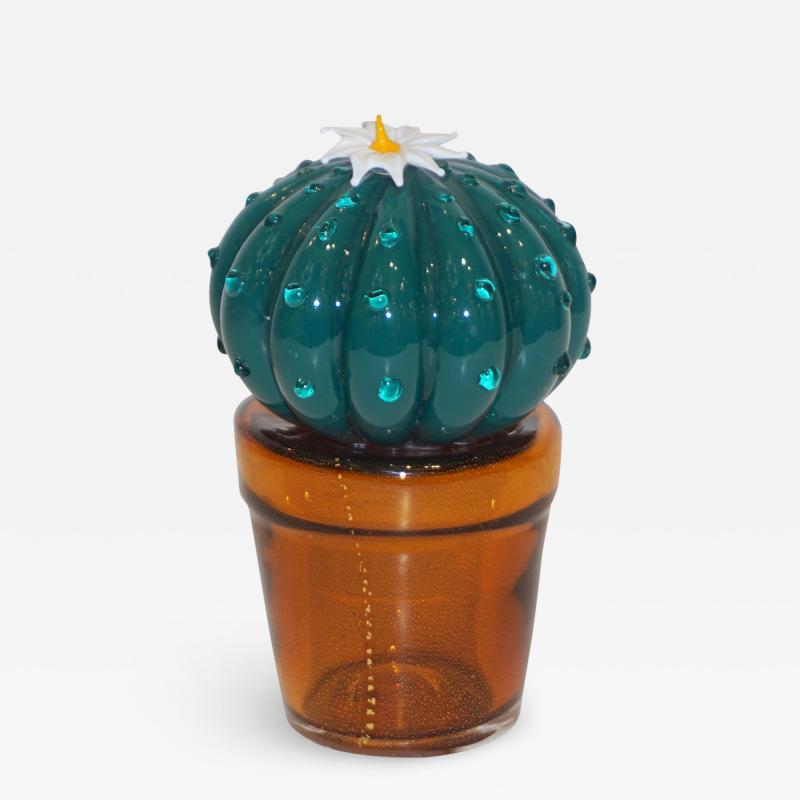 Formia Murano 1990s Vintage Italian Evergreen Teal Murano Glass Small Cactus Plant in Gold Pot