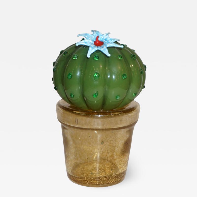Formia Murano 1990s Vintage Italian Green Murano Glass Small Cactus Plant with Blue Flower