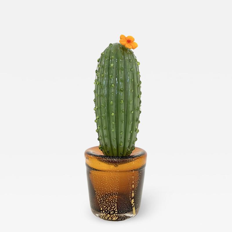 Formia Murano 1990s Vintage Italian Green Murano Glass Tall Cactus Plant with Orange Flower