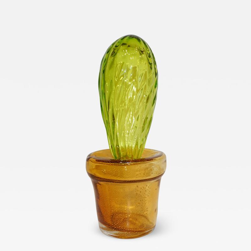 Formia Murano 1990s Vintage Italian Lime Green Murano Art Glass Cactus Plant with Gold Pot