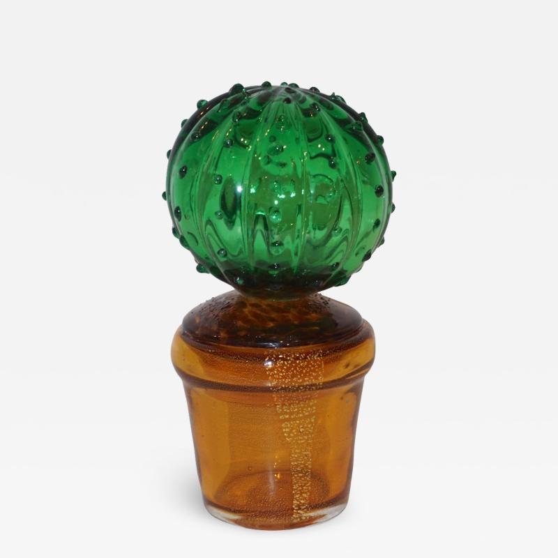 Formia Murano 1990s Vintage Italian Vivid Green Murano Glass Small Cactus Plant in Gold Pot