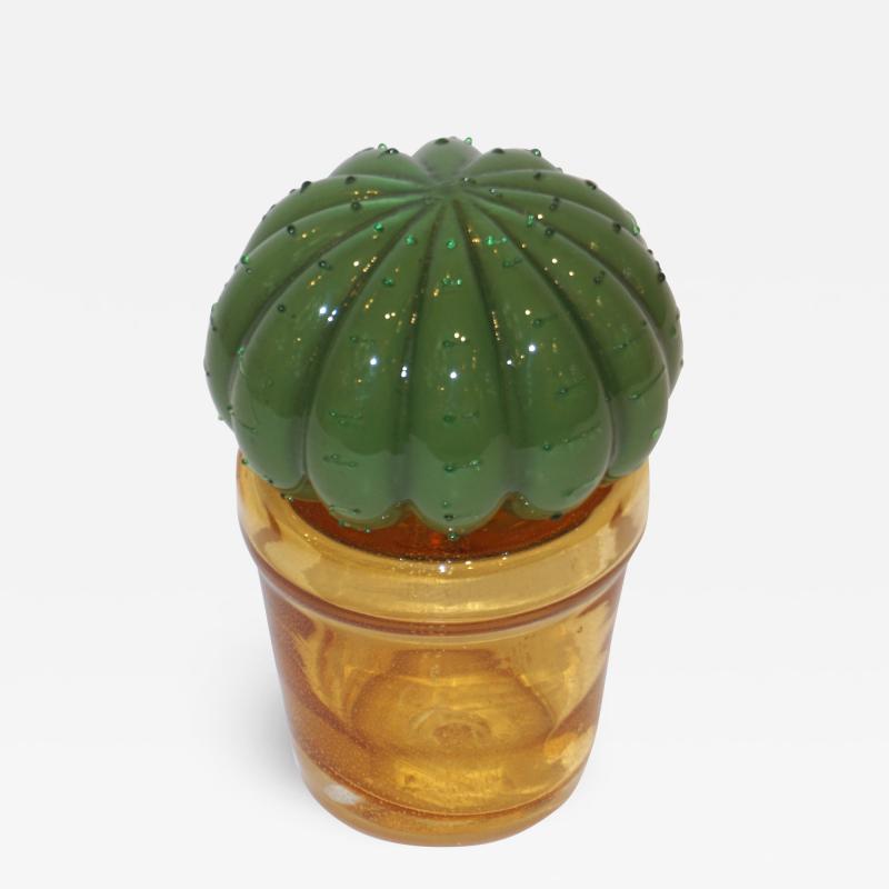 Formia Murano 1990s Vintage Limited Edition Green Murano Glass Small Cactus Plant in Gold Pot