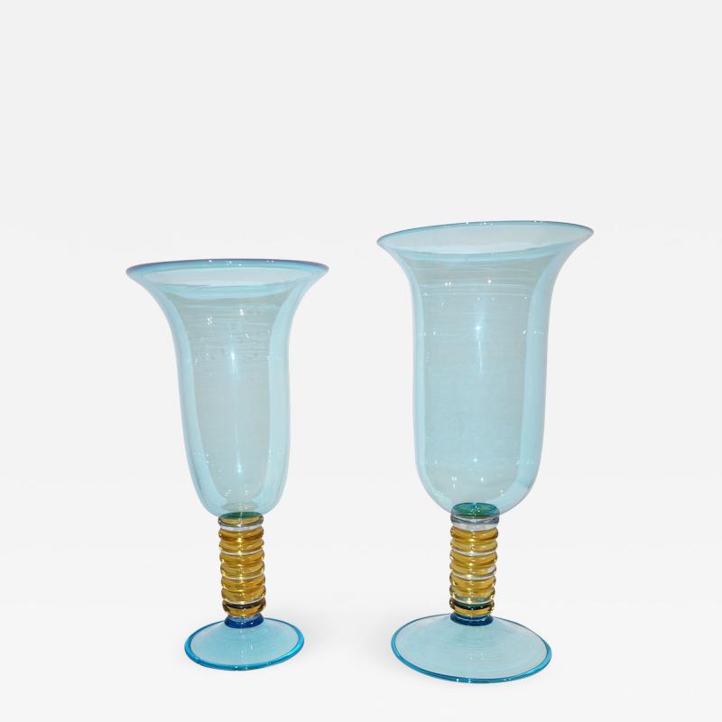 Formia Murano Formia 1970s Italian Set of 2 Aquamarine Amber Clear Murano Glass Vases on Foot