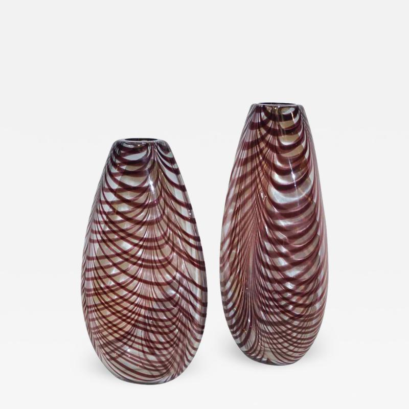 Formia Murano Formia 1970s Two Fenicio Feather Decorated Purple Brown Murano Art Glass Vases