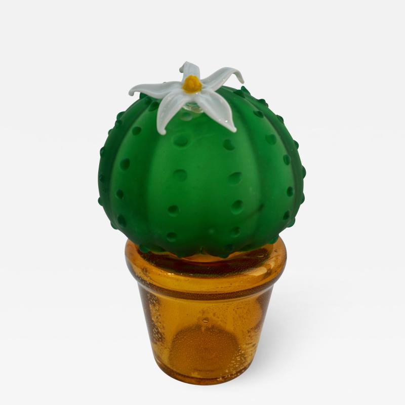 Formia Murano Formia 1990s Vintage Italian Green Murano Glass Cactus Plant with White Flower