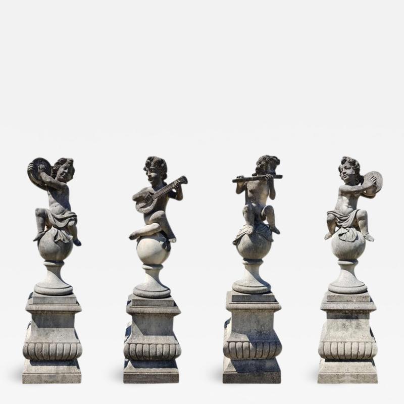 Four Charming Italian Putto Stone Figures Representing Musicians