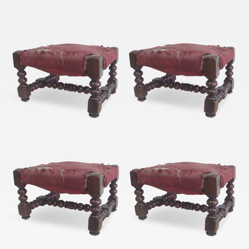 Four Italian 19th Century Hand Carved Wood Stacked Ball Footstools Ottomans