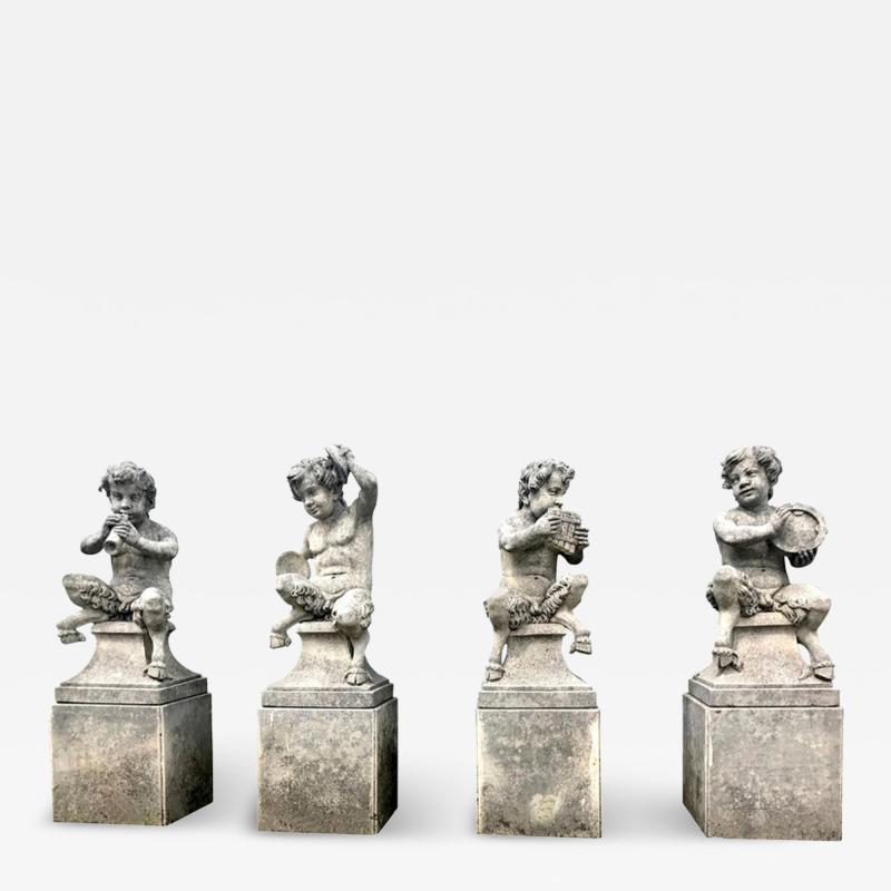 Four Italian Fauns Stone Garden Statues Representing Musicians