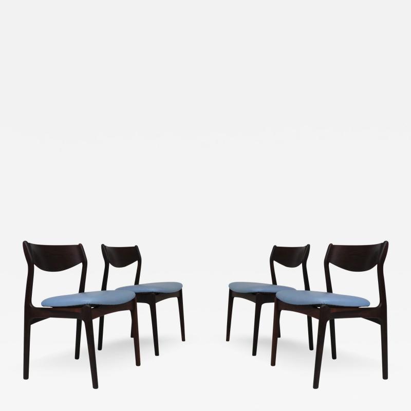 Four PE Jorgensen Danish Rosewood Dining Chairs in Sky Blue Leather
