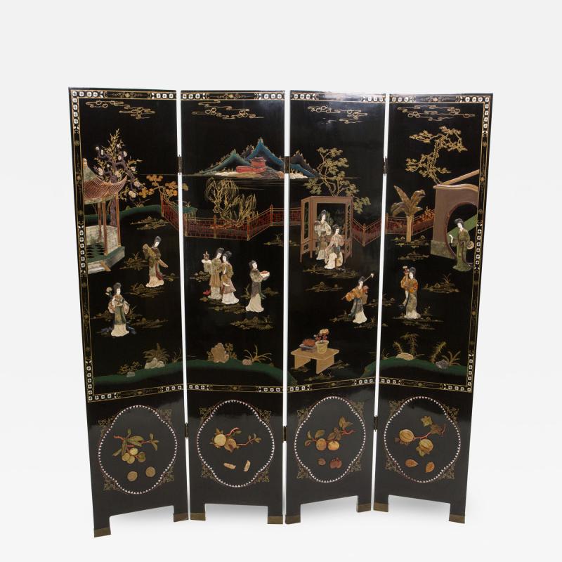 Four Panel Chinese Lacquered hardstones scenery screen 1940s