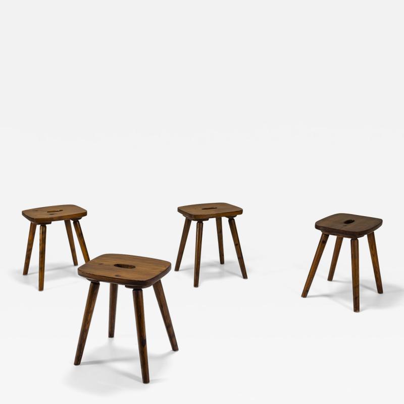 Four Wooden Stools in Stained Pine Italy 1960s