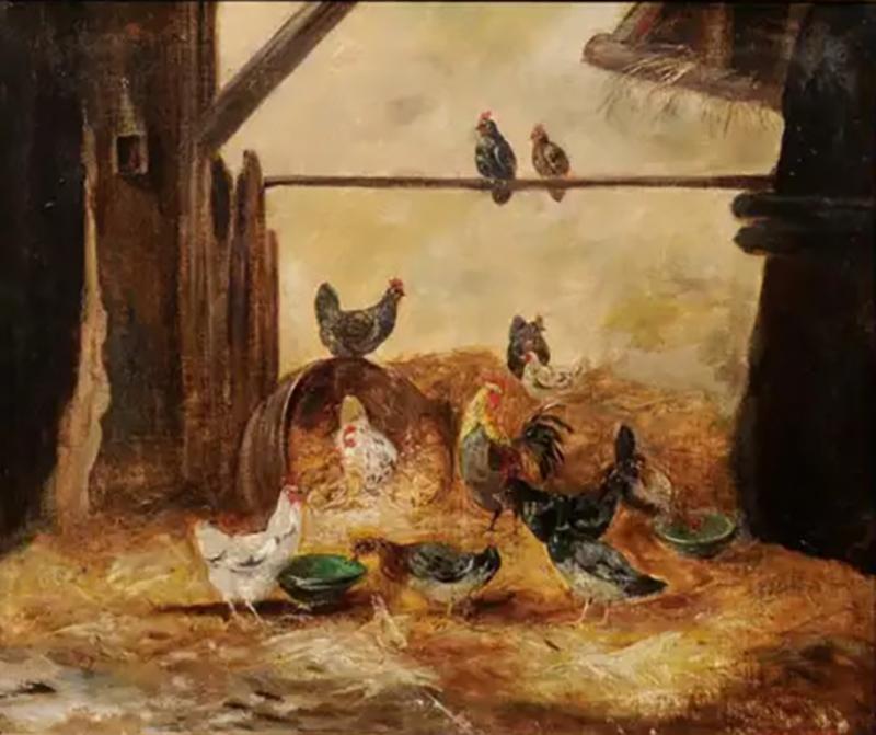 Framed 19th Century Oil on Canvas Barn Painting with Rooster Hens and Chicks