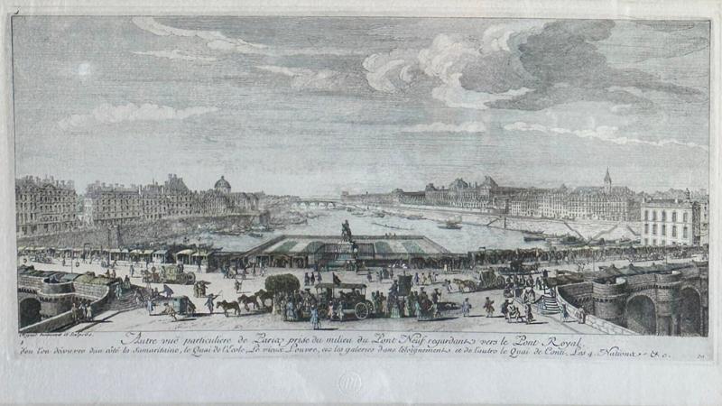 Framed Antique 18th C Hand Colored Print of Paris From the Pont Neuf by J Rigaut