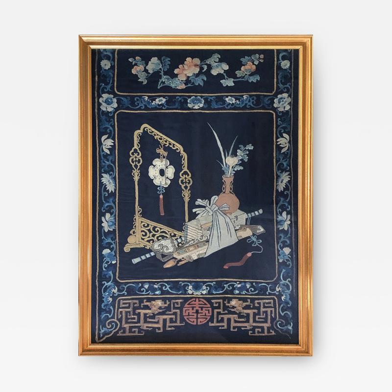 Framed Antique Chinese Embroidery Panel Qing Dynasty