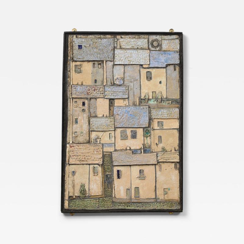 Framed Ceramic Wall Art of a Village France 1960s