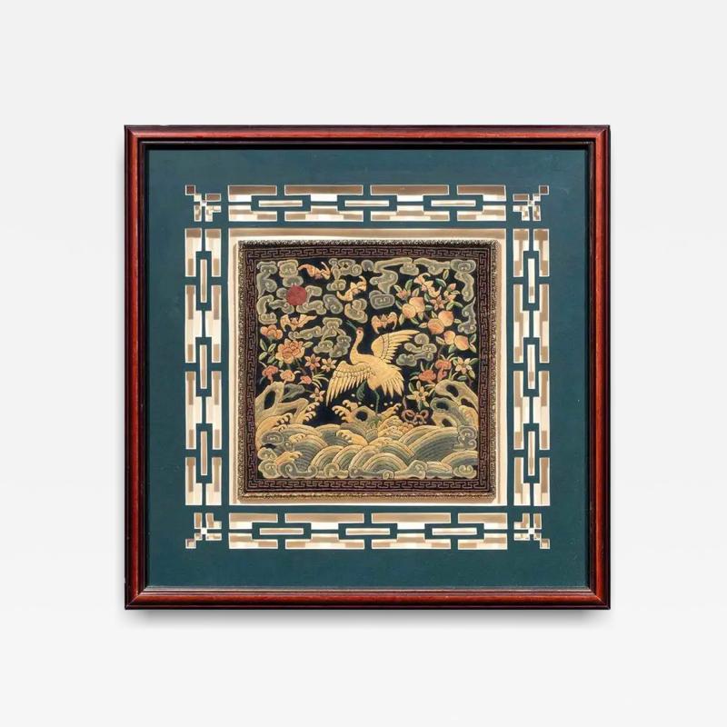 Framed Chinese Qing Dynasty Embroidered First Rank Badge