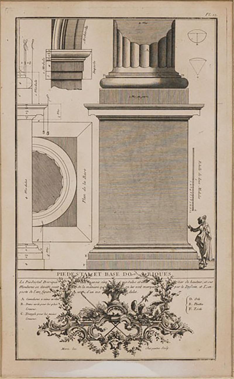 Framed Italian Neo Classic Engravings of an Ionic Base Pedestal Diagram