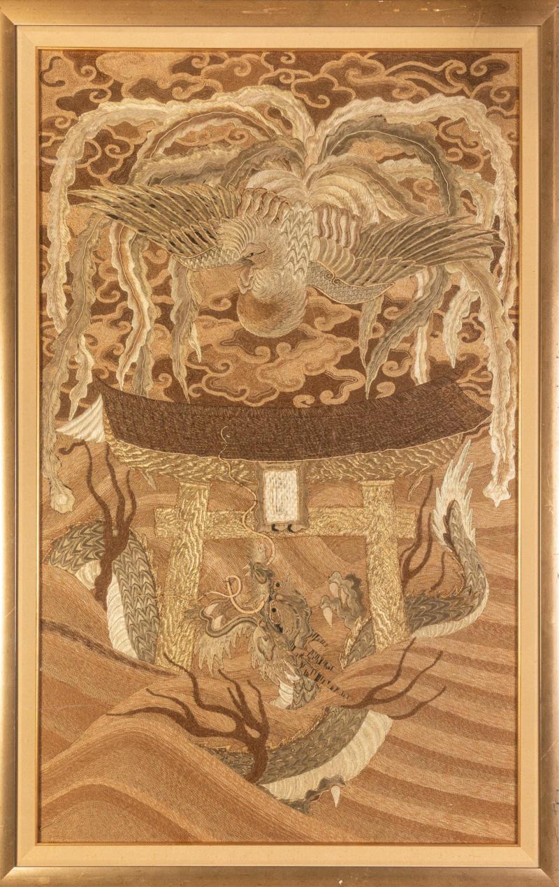 Framed Japanese Antique Phoenix and Dragon Tapestry Textile Meiji Period