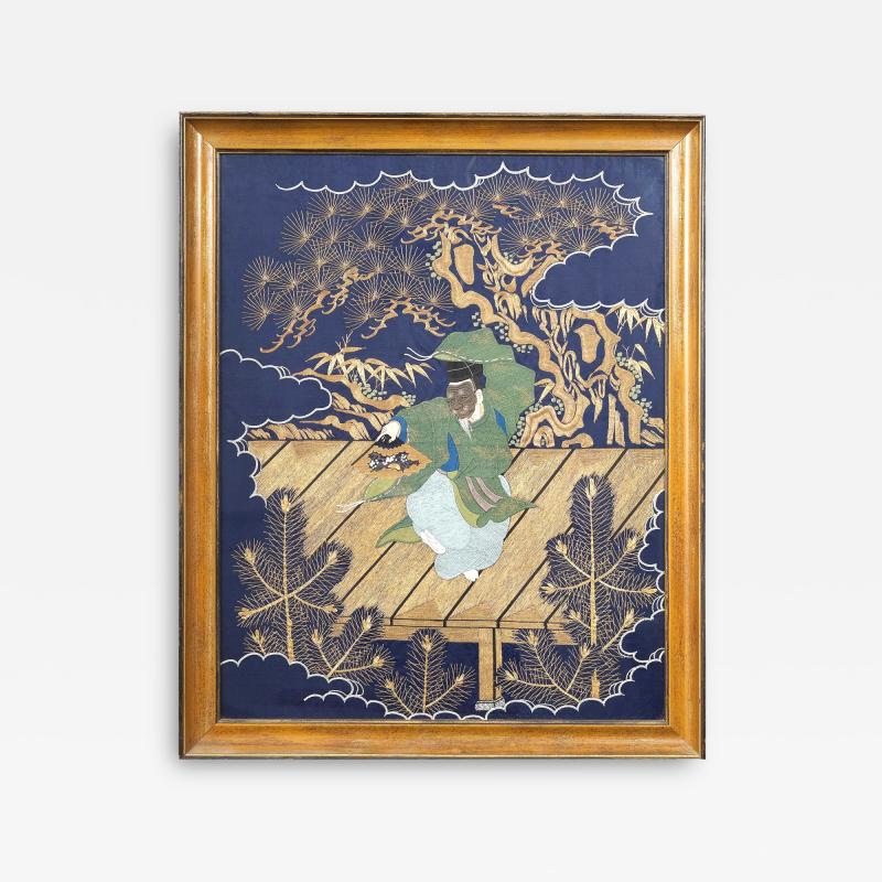 Framed Large Japanese Embroidery Silk Fukusa of Superb Quality Meiji Period