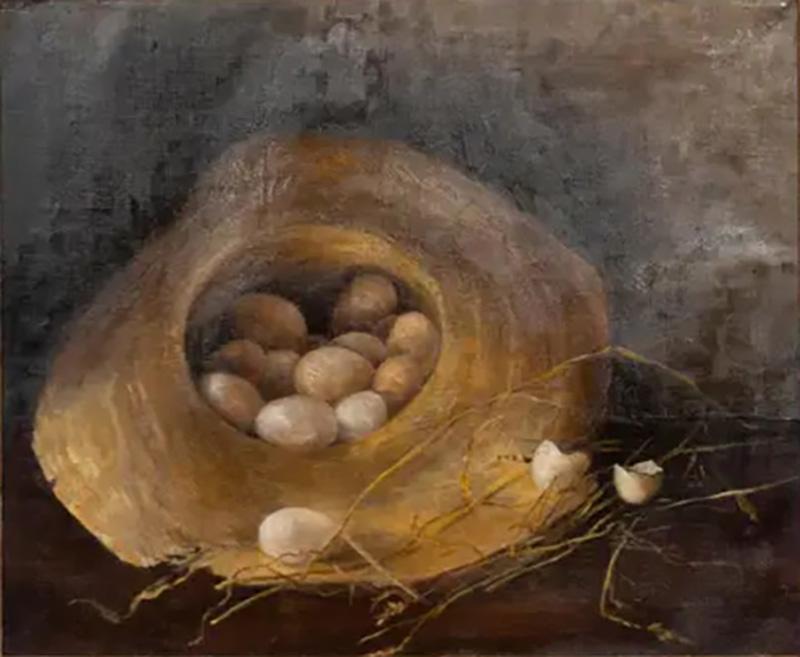 Framed Oil on Canvas Eggs in a Straw Hat 