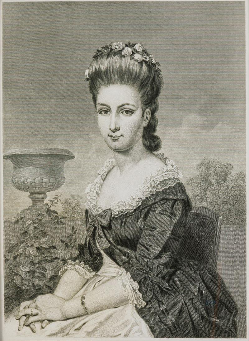 Framed Print of an Engraved Portrait Depicting a Seated Lady with an Urn