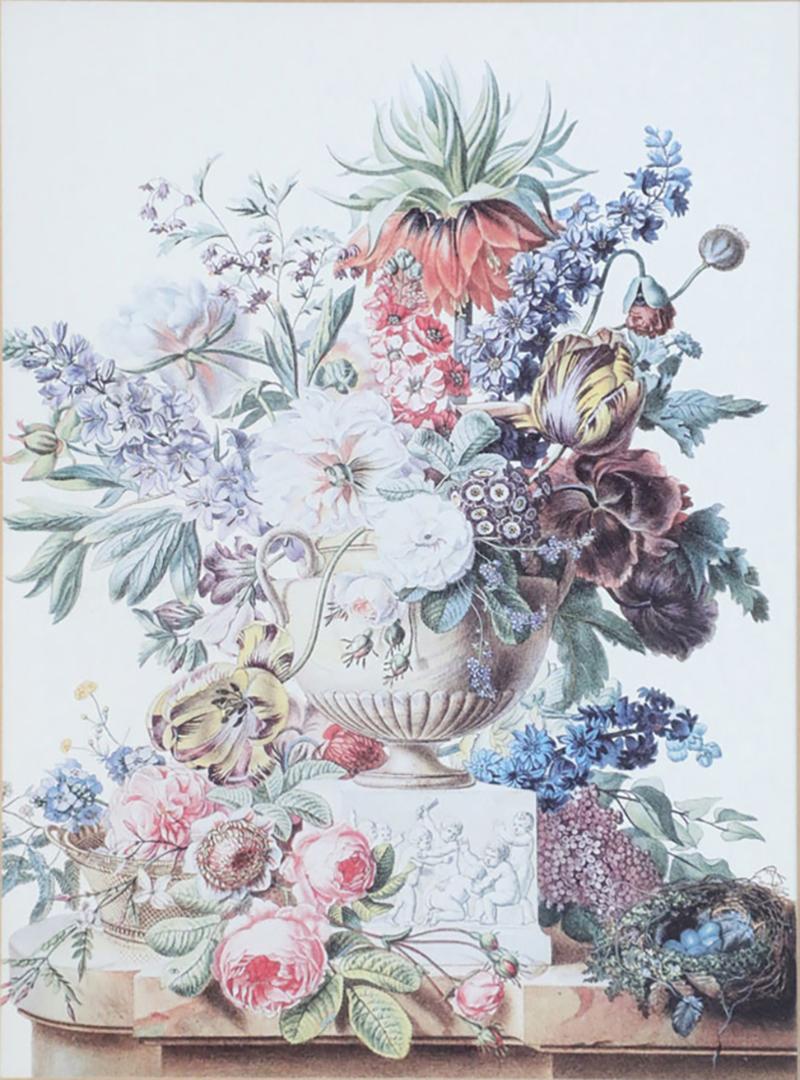 Framed Still Life Illustration of a White Marble Urn of Flowers and Birds Nest