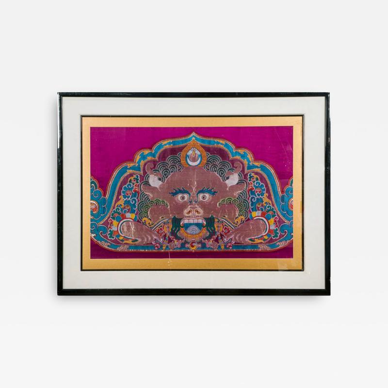 Framed Tibetan Woven Silk Kesi Panel of Kirtimukha